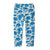 Baby fleece leggings with blue cloud and raindrop print on cream background, flat lay view