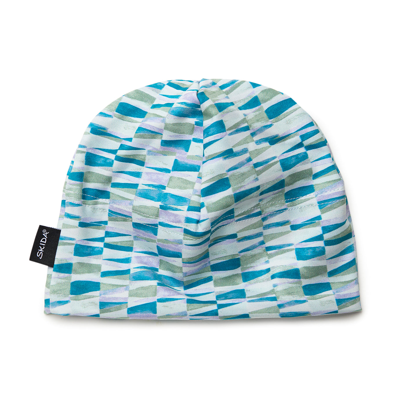 Lightweight beanie hat with multicolor watercolor geometric brushstroke pattern, flat lay view