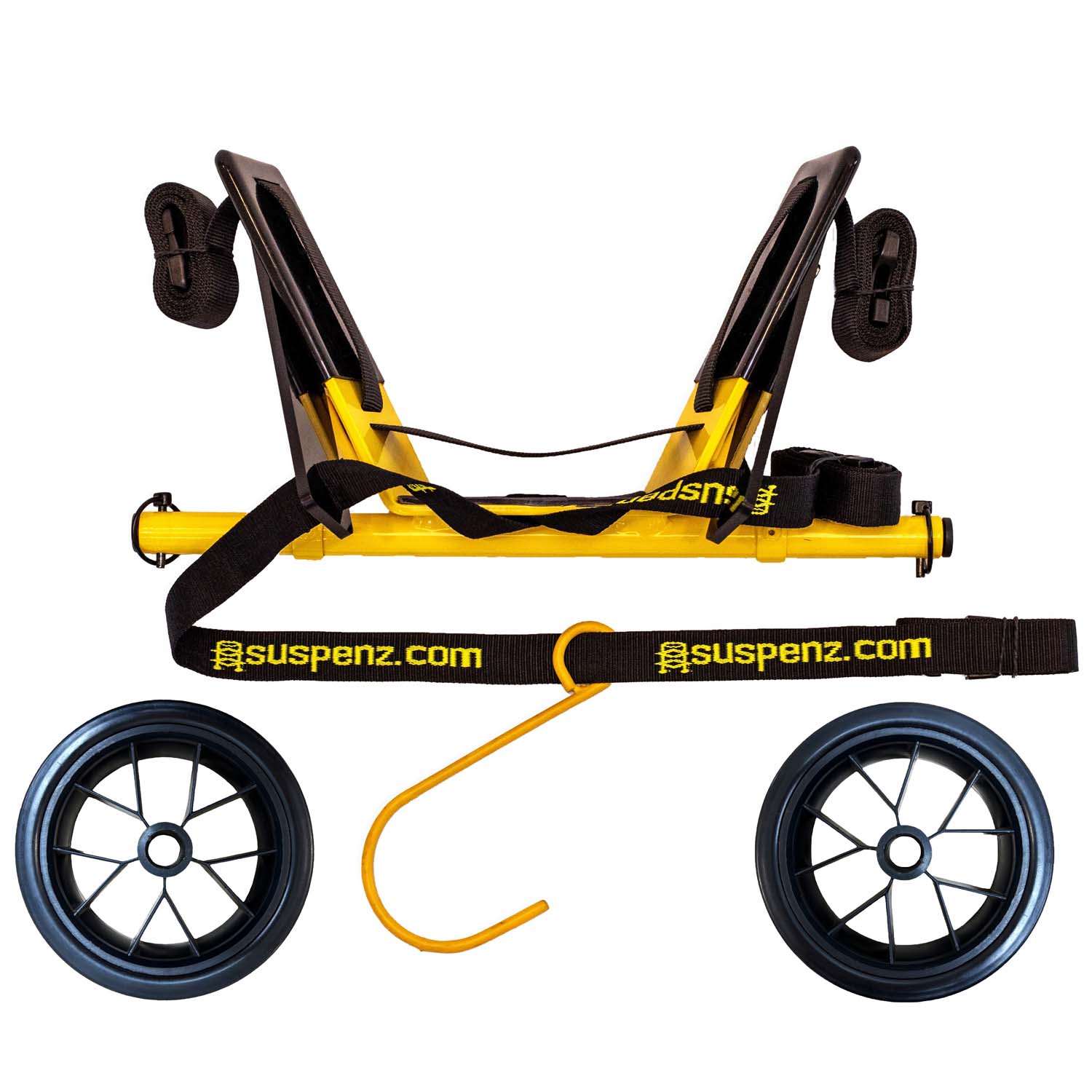 Yellow and black kayak cart with two wheels and padded frame for boat transport