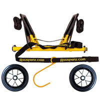 Yellow and black kayak cart with two wheels and padded frame for boat transport