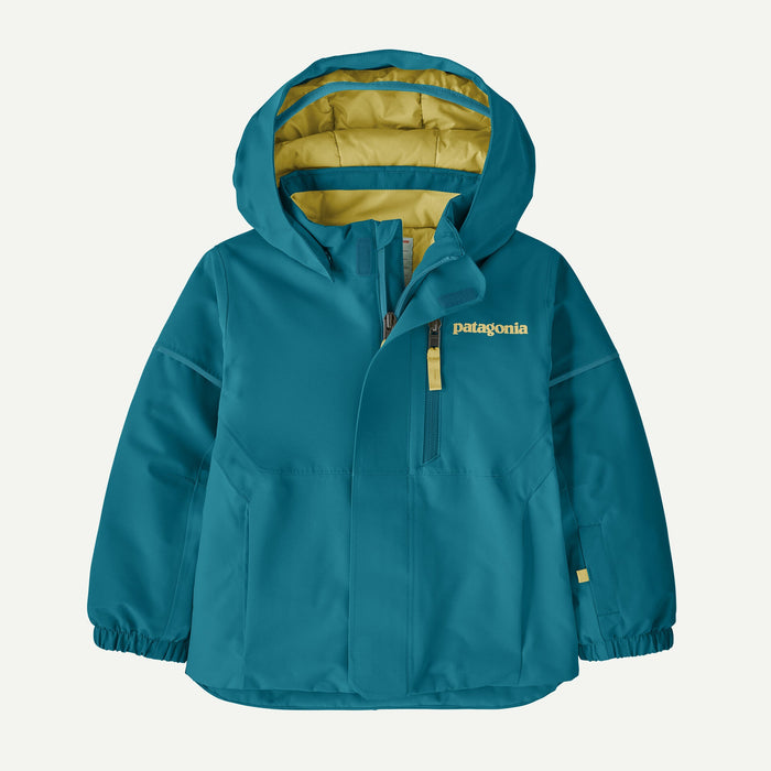 Baby snow jacket in teal with yellow lining, hood open, front view with chest zipper pocket