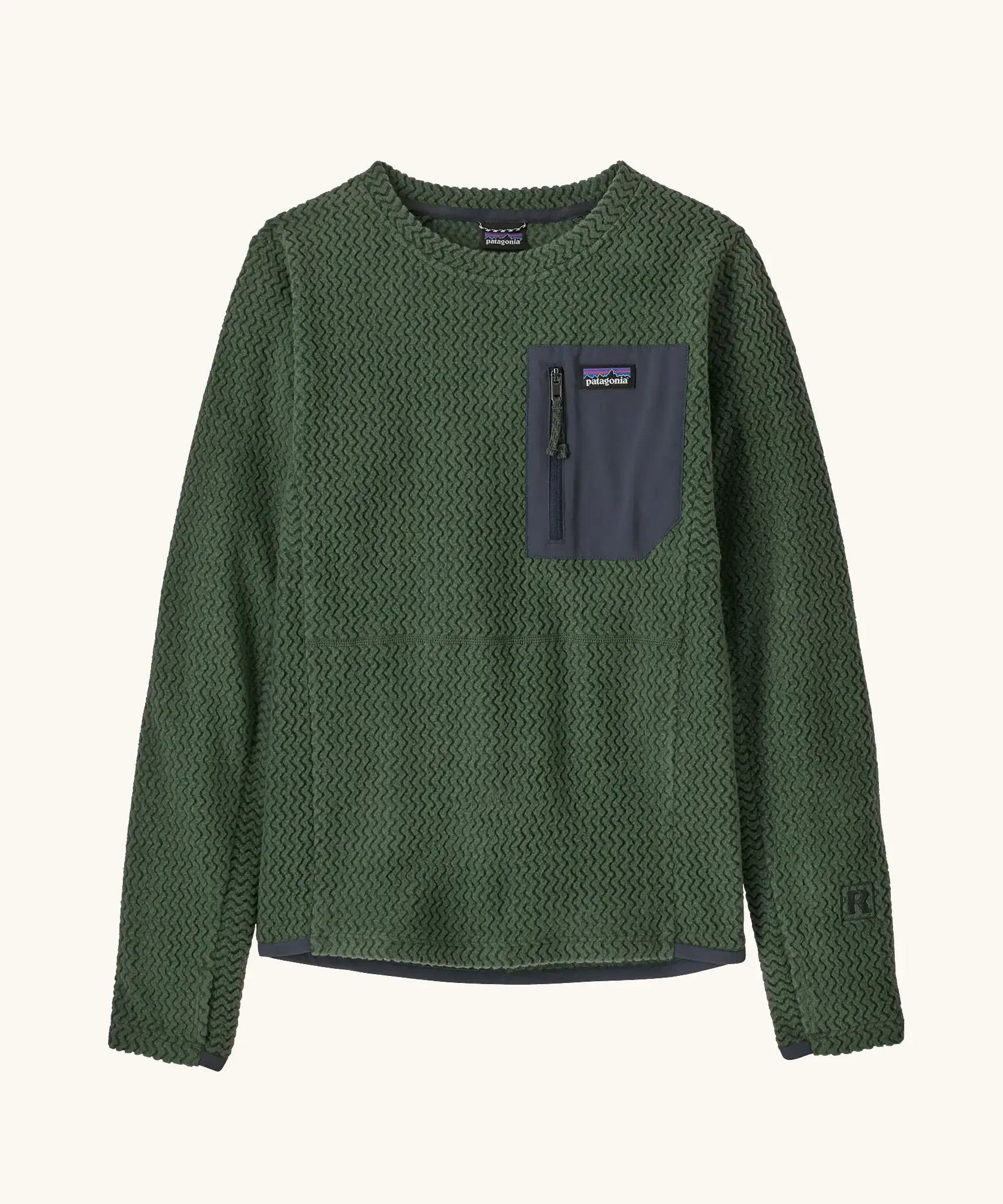 Kids' textured green crewneck fleece pullover with zippered chest pocket, flat lay view
