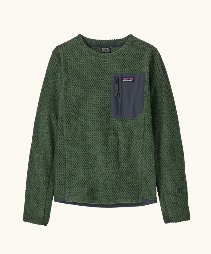 Kids' textured green crewneck fleece pullover with zippered chest pocket, flat lay view
