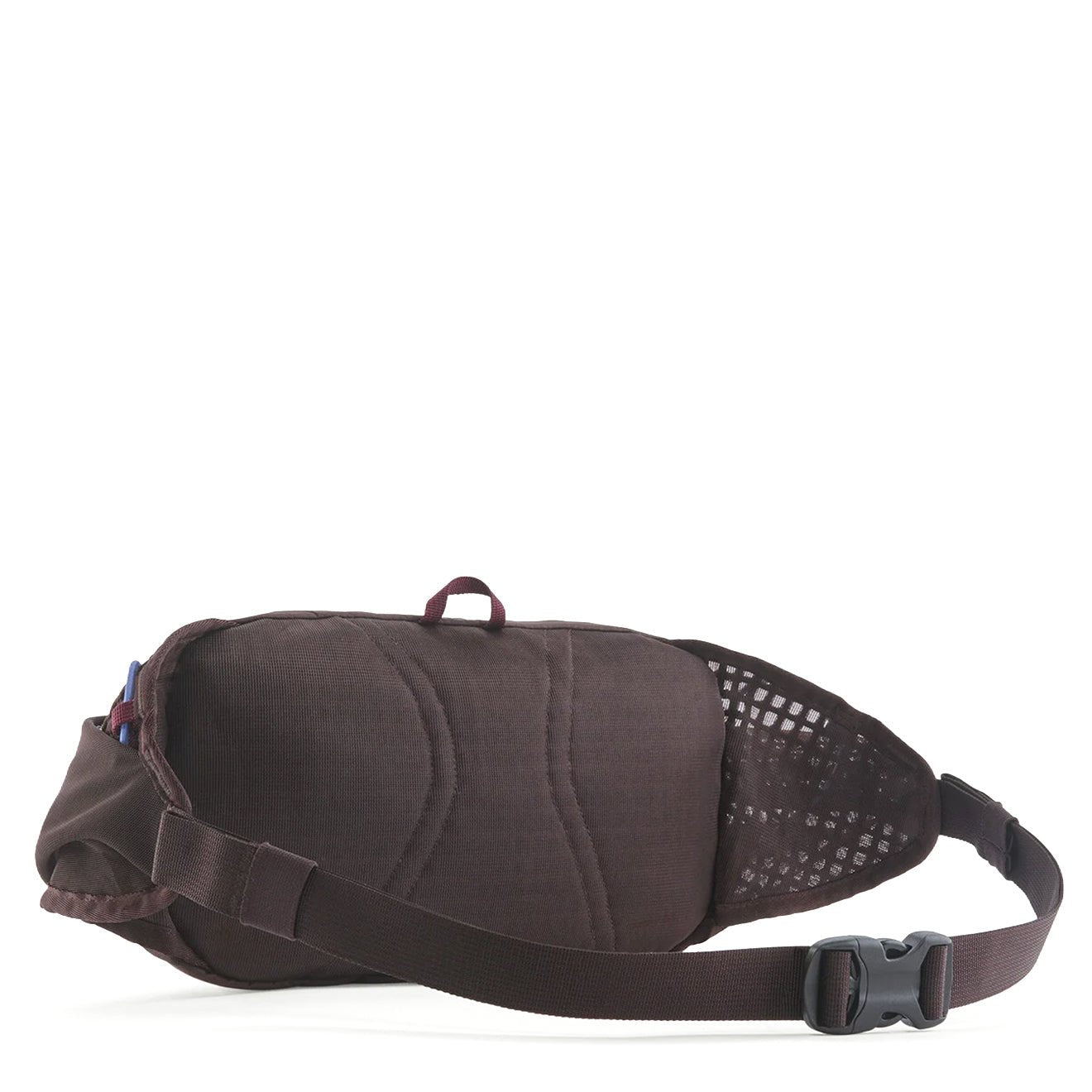 Dark brown hip pack back view showing mesh panel, padded back, buckle strap, and side pocket