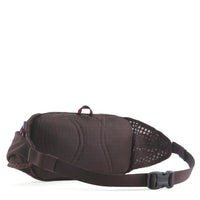 Dark brown hip pack back view showing mesh panel, padded back, buckle strap, and side pocket