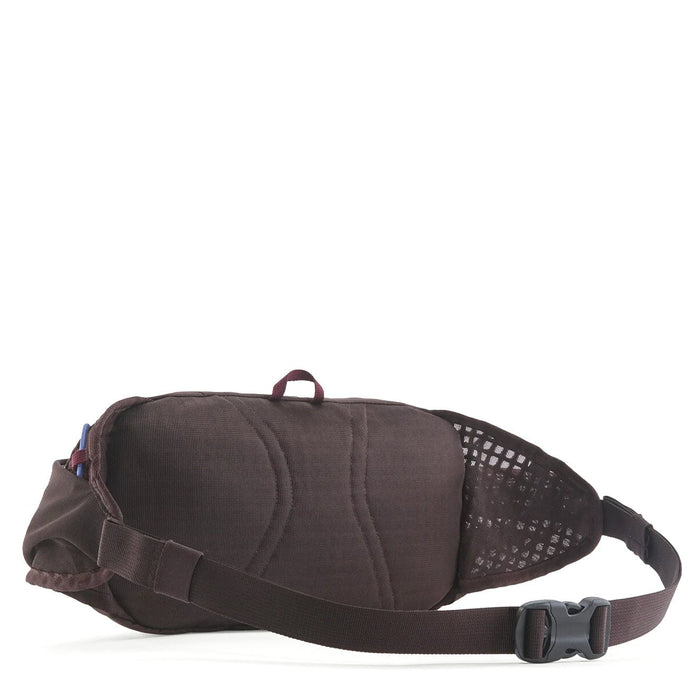 Dark brown hip pack back view showing mesh panel, padded back, buckle strap, and side pocket