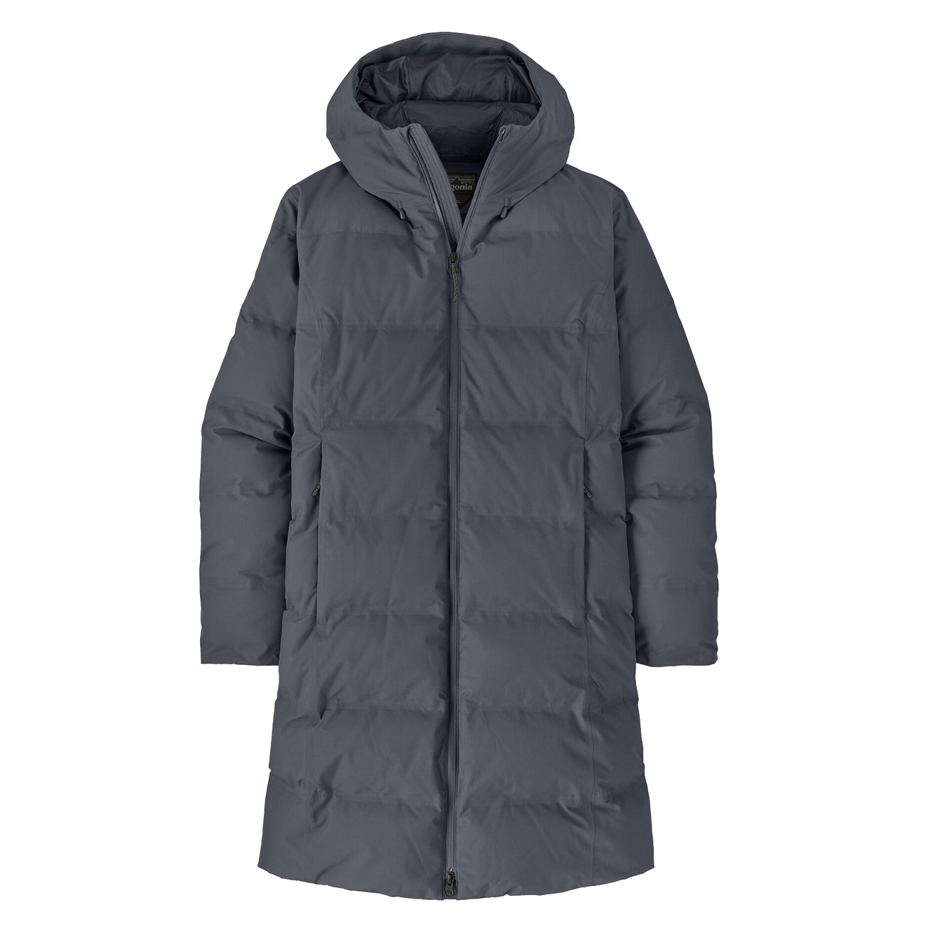 Women's long hooded puffer parka with horizontal quilting and full front zip, front view
