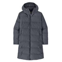 Women's long hooded puffer parka with horizontal quilting and full front zip, front view