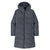Women's long hooded puffer parka with horizontal quilting and full front zip, front view
