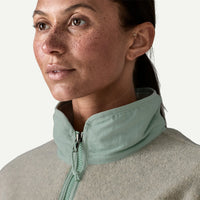 Close-up detail of women's fleece jacket collar with mint green zip and stand collar