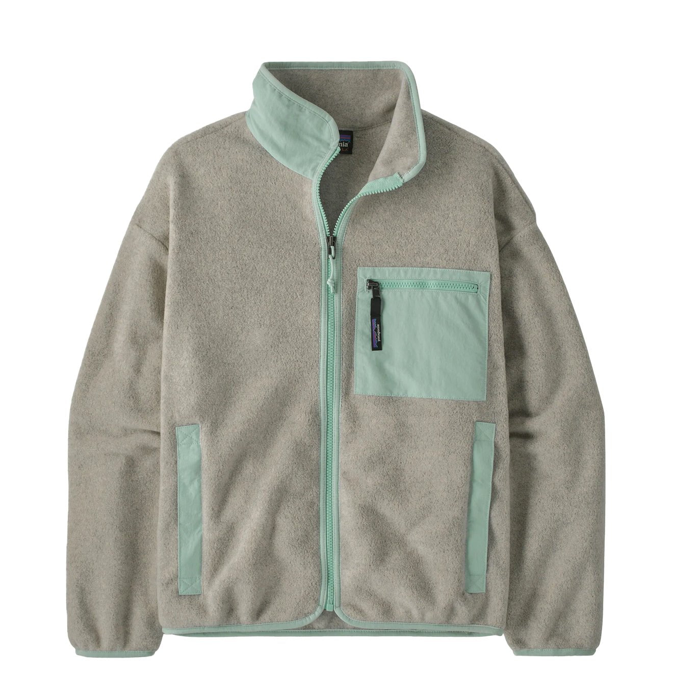 Women's full-zip fleece jacket with stand collar, chest zip pocket, and mint green contrast details, flat lay view