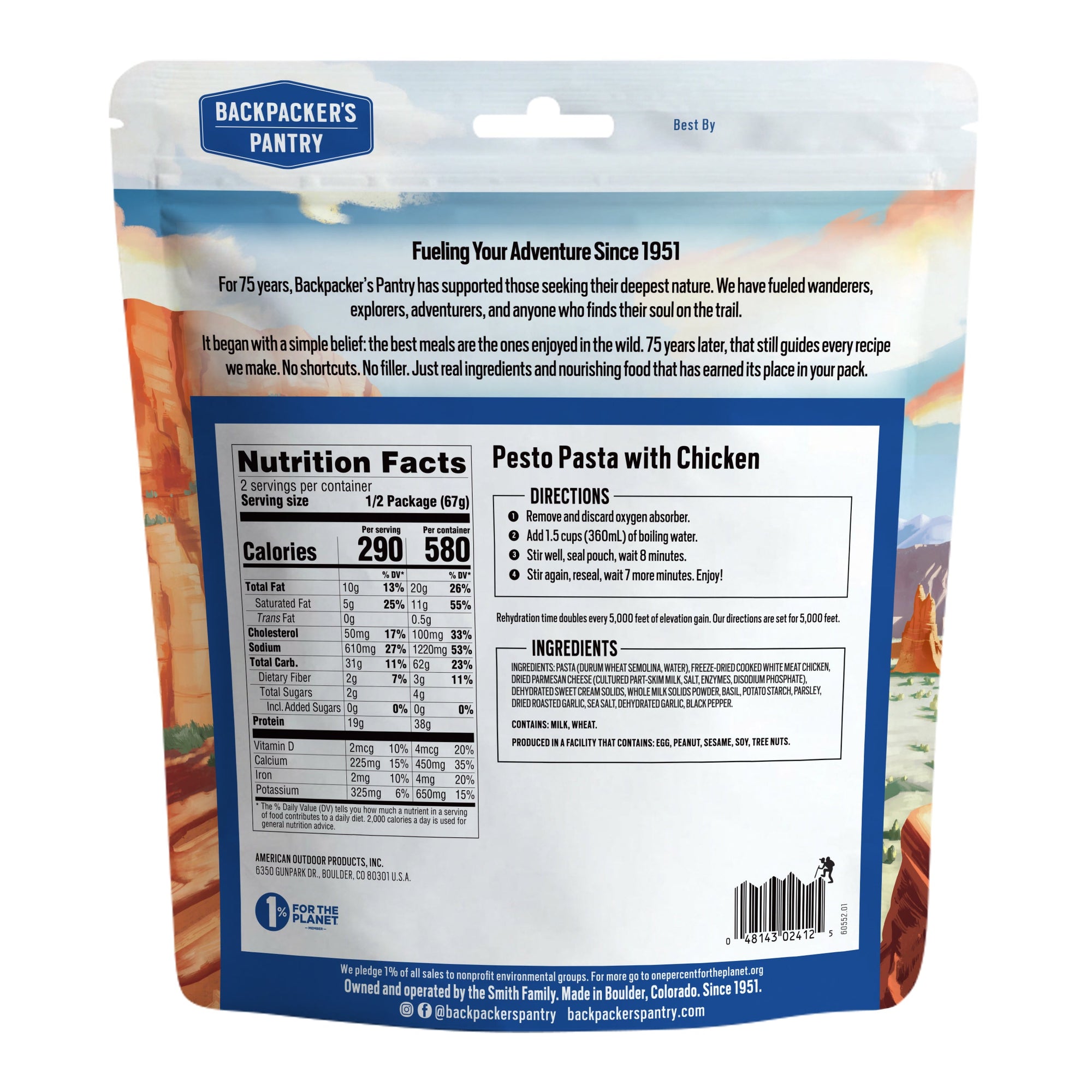 Freeze-dried meal pouch back panel showing nutrition facts, cooking directions, and ingredients
