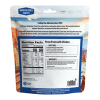 Freeze-dried meal pouch back panel showing nutrition facts, cooking directions, and ingredients