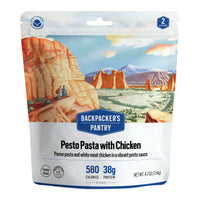 Freeze-dried camping meal pouch with desert landscape artwork and blue branding label