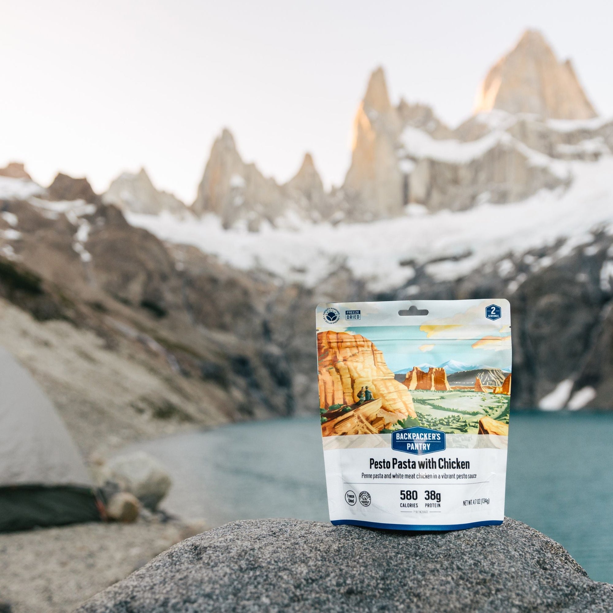 Freeze-dried meal pouch with desert landscape artwork positioned on rock with mountain backdrop