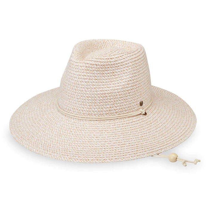 Wide brim straw fedora hat with rope band and wooden bead detail, angled view