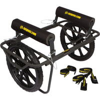 Black wheeled cart with padded foam rails and tie-down straps for transporting gear