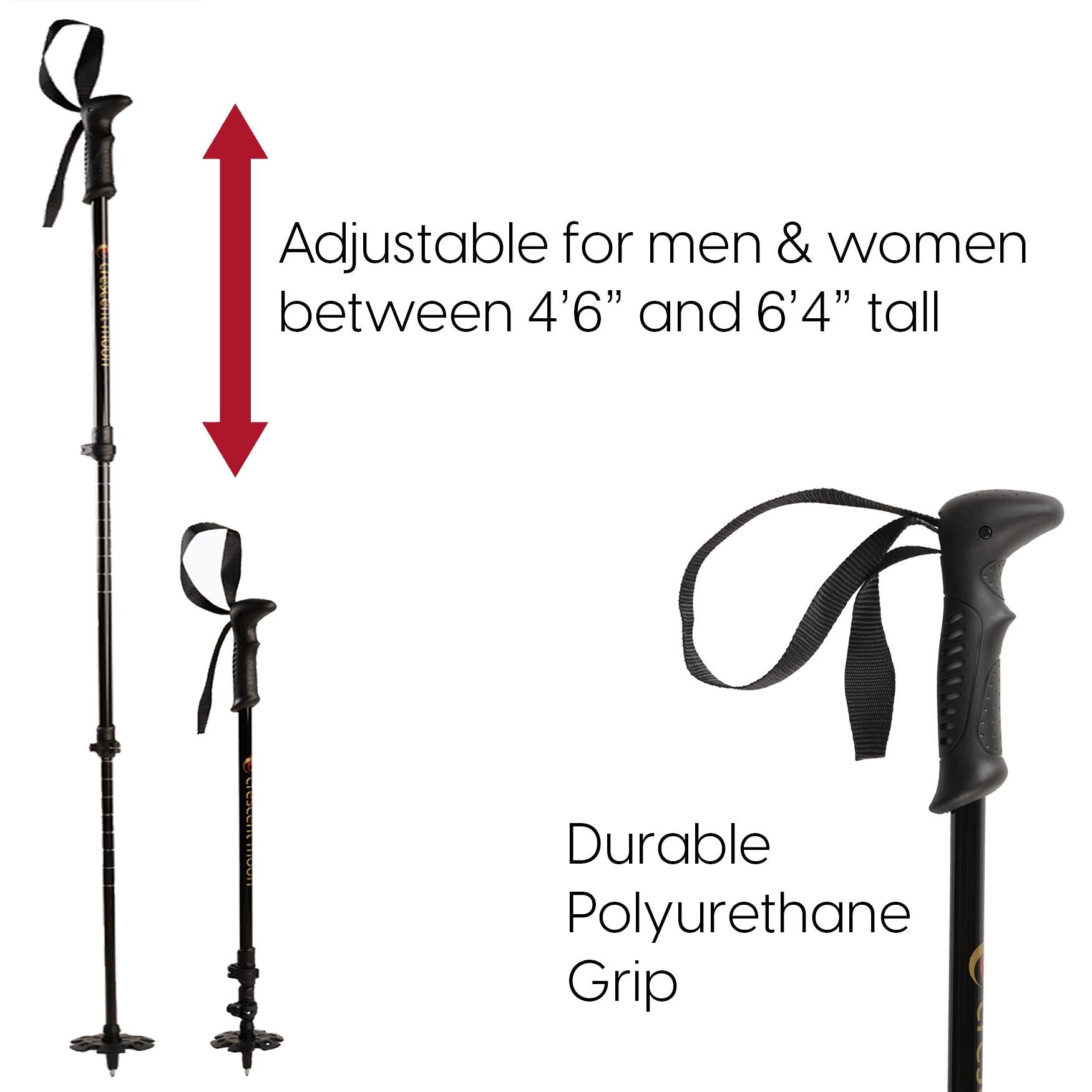 Two adjustable trekking poles showing height adjustment range and ergonomic grip handle with wrist straps