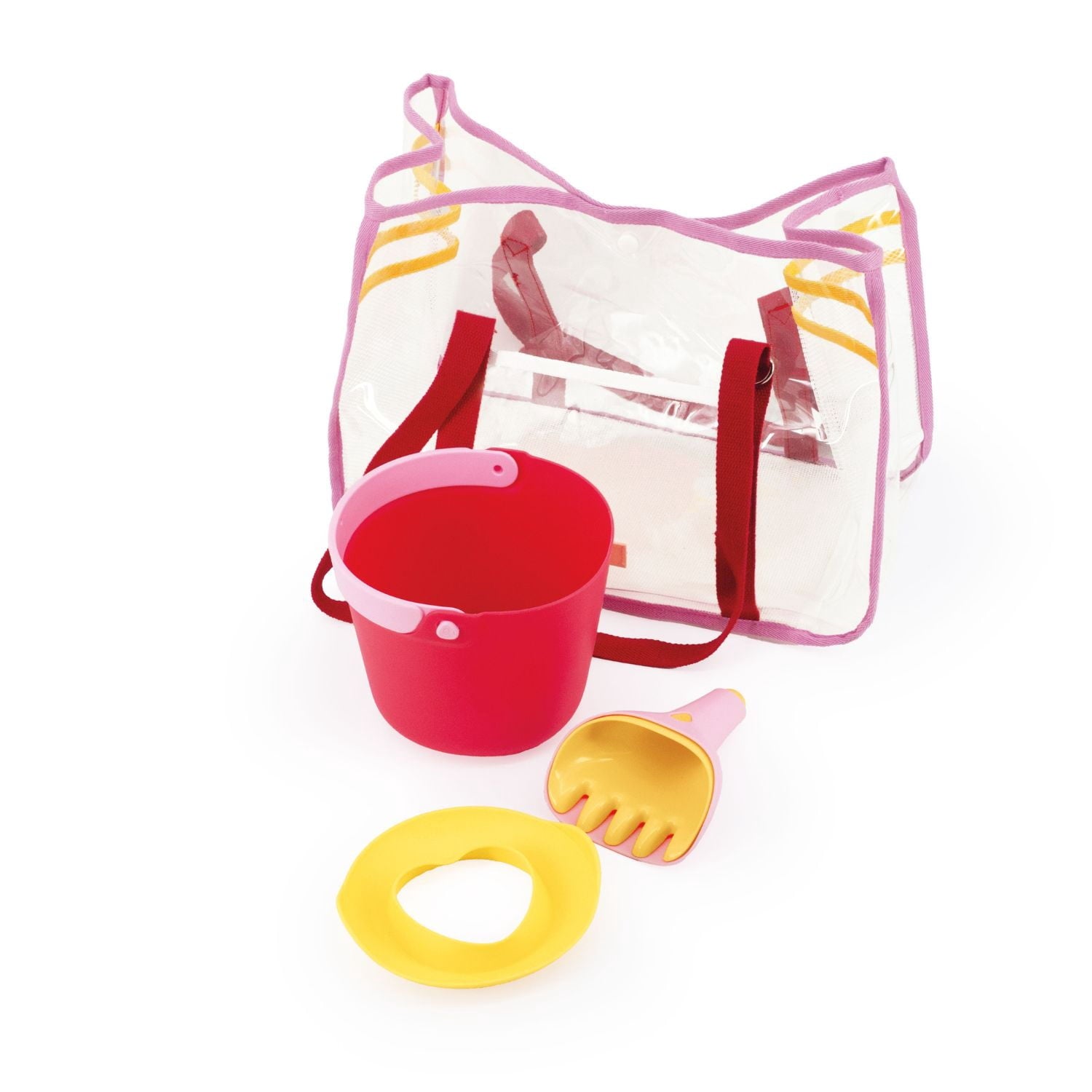 Beach toy set with red bucket, yellow shovel and ring toy in transparent mesh bag