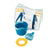 Children's beach toy set with blue bucket, rake, mold and clear mesh carrying bag