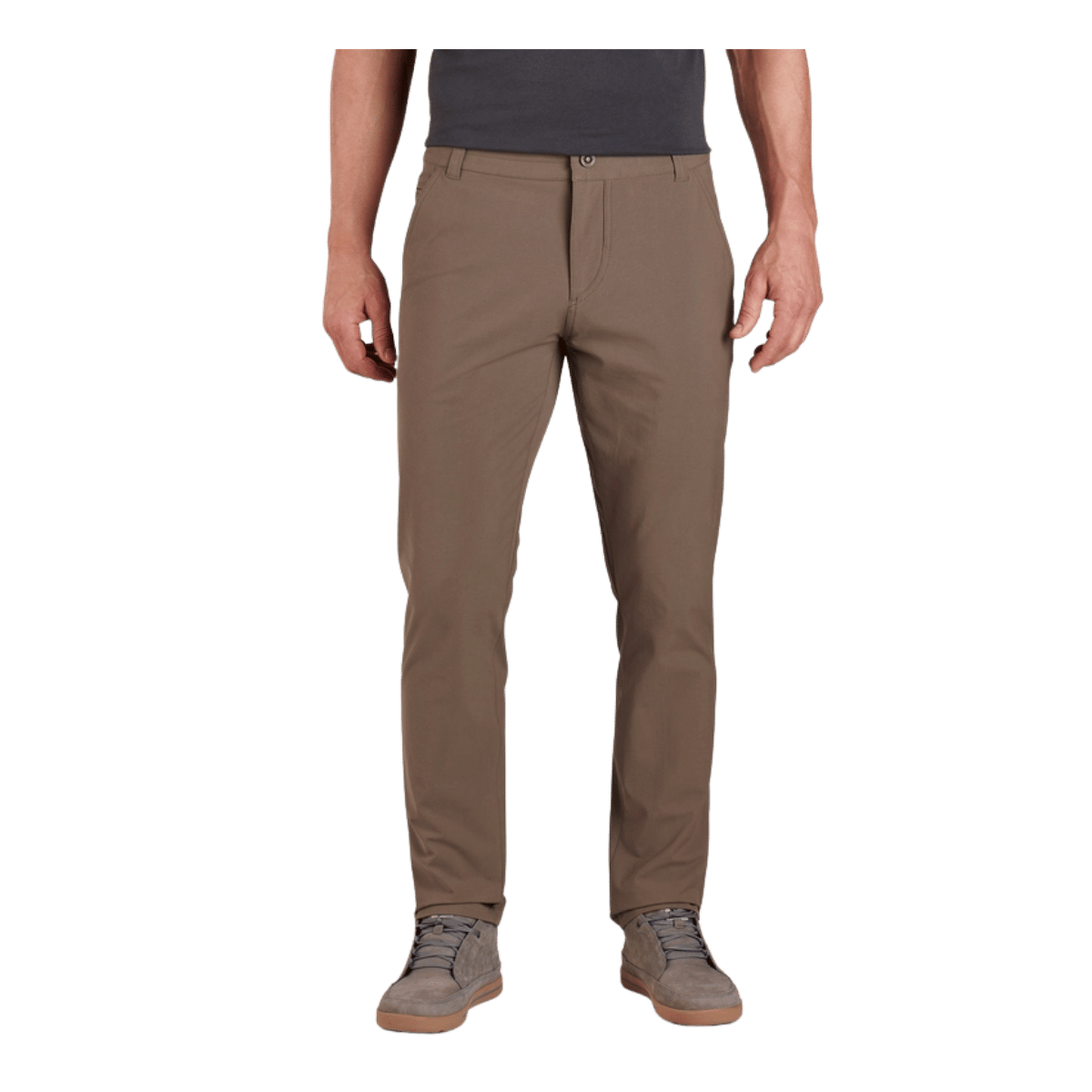 Men's slim-fit chino pants in warm brown, front view, paired with casual sneakers