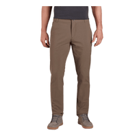 Men's slim-fit chino pants in warm brown, front view, paired with casual sneakers