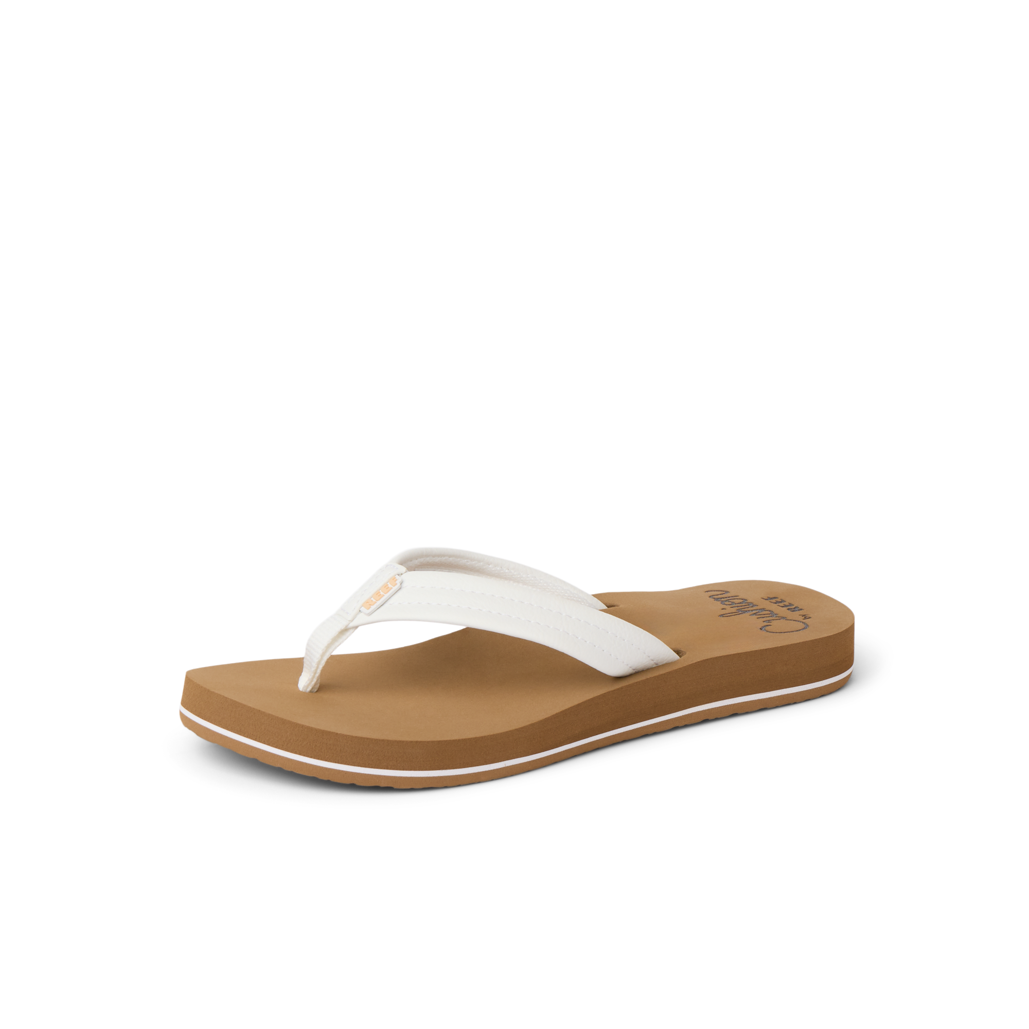 Women's flip flop sandal with white fabric strap and brown cushioned footbed, side angle view