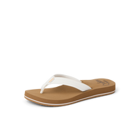 Women's flip flop sandal with white fabric strap and brown cushioned footbed, side angle view