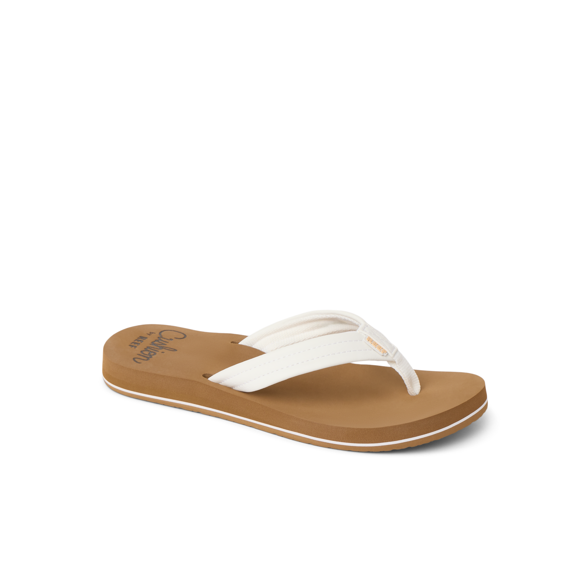 White flip-flop sandal with brown sole and white stripe detail, side view