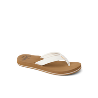 White flip-flop sandal with brown sole and white stripe detail, side view