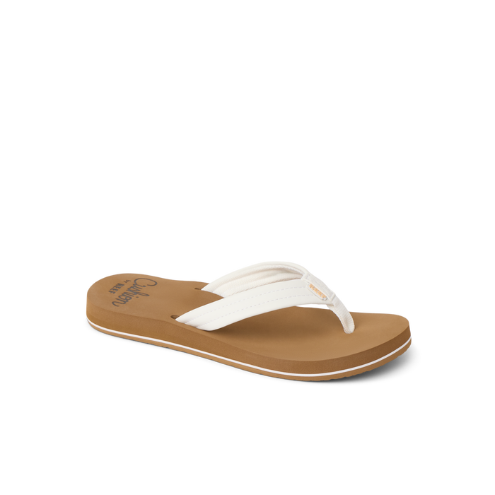 White flip-flop sandal with brown sole and white stripe detail, side view