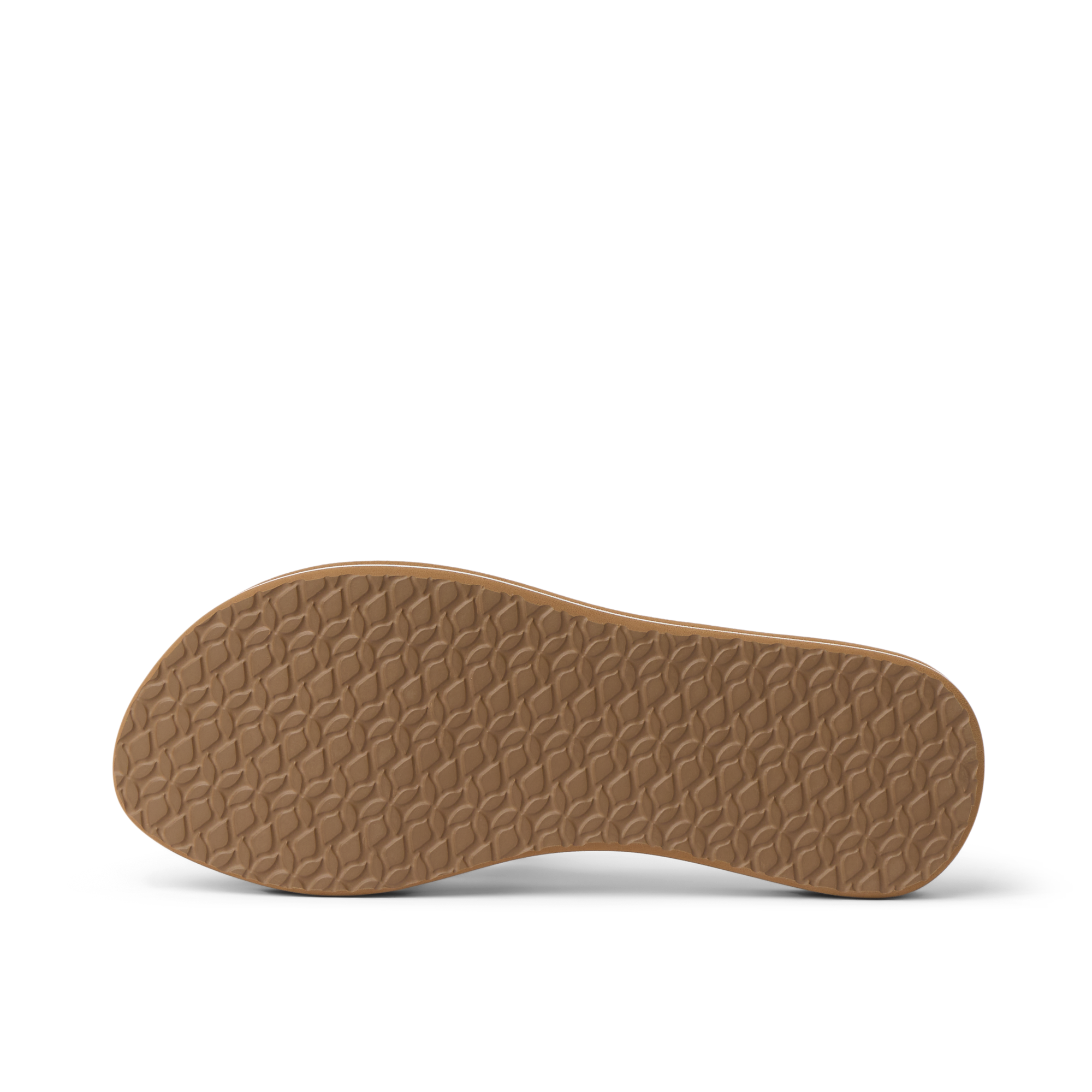 Bottom view of women's flip-flop sandal showing textured brown rubber sole