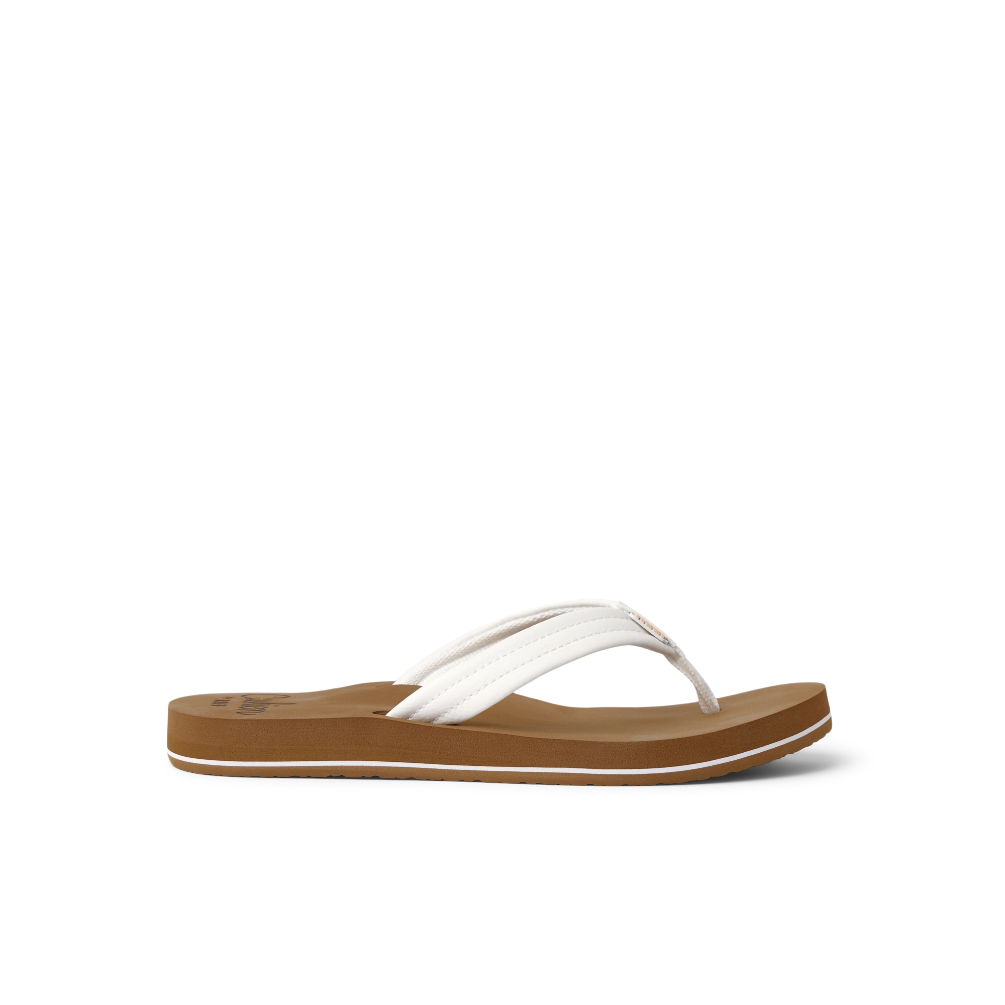 White flip-flop sandal with textured strap and brown footbed, side profile view