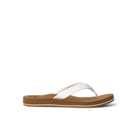 White flip-flop sandal with textured strap and brown footbed, side profile view