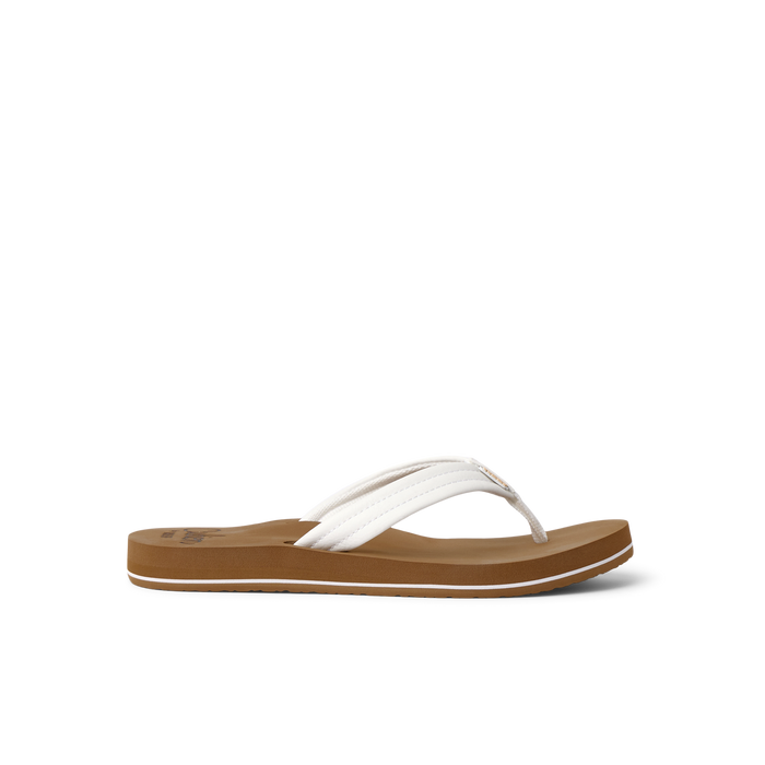 White flip-flop sandal with textured strap and brown footbed, side profile view