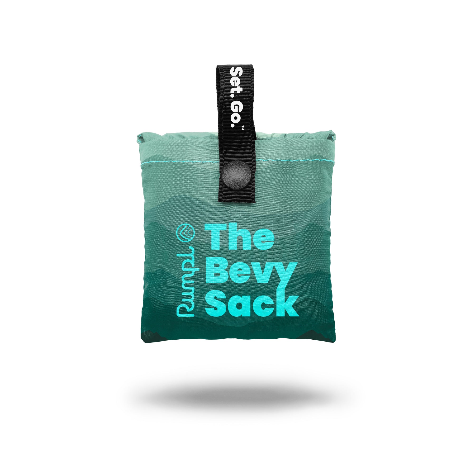 Compact stuffed teal ombre sack with mountain print, black snap strap, and hanging loop