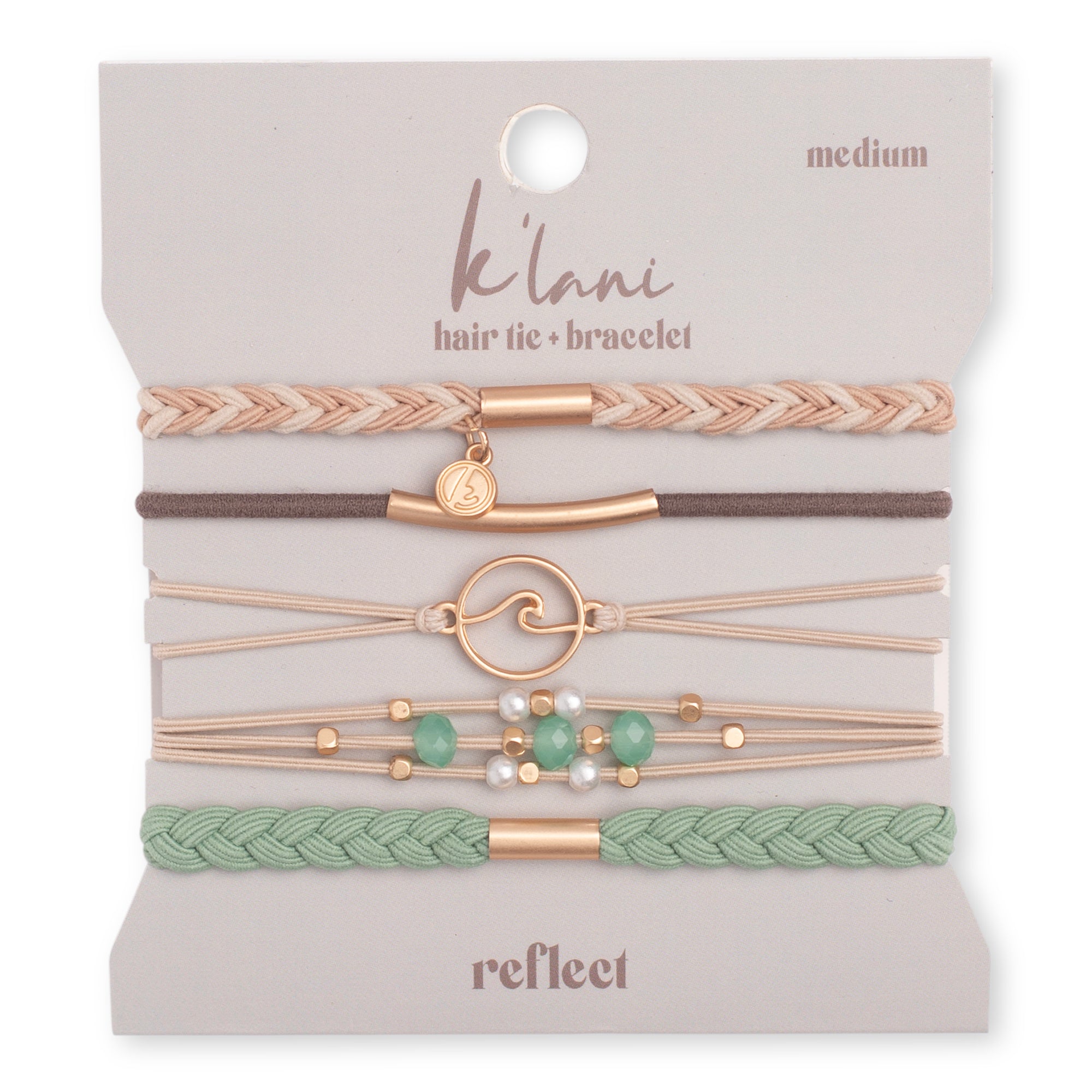 Set of five hair tie bracelets with braided, elastic, and beaded styles featuring gold wave charm
