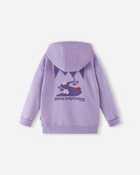 Purple hooded sweatshirt with decorative triangular hood details and paw print design on back