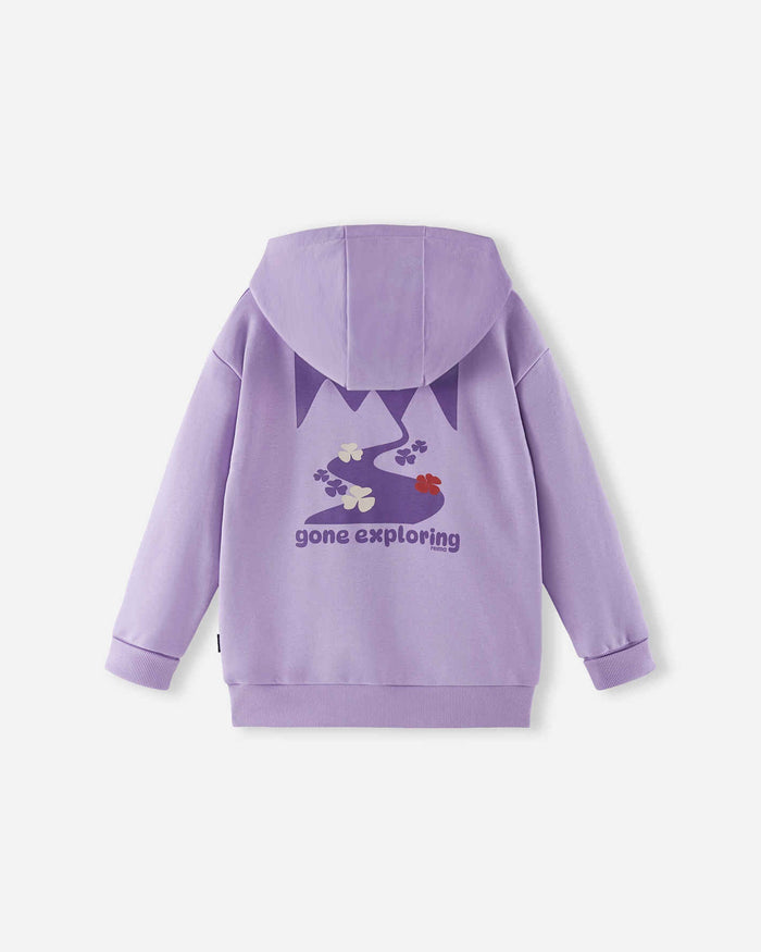 Purple hooded sweatshirt with decorative triangular hood details and paw print design on back