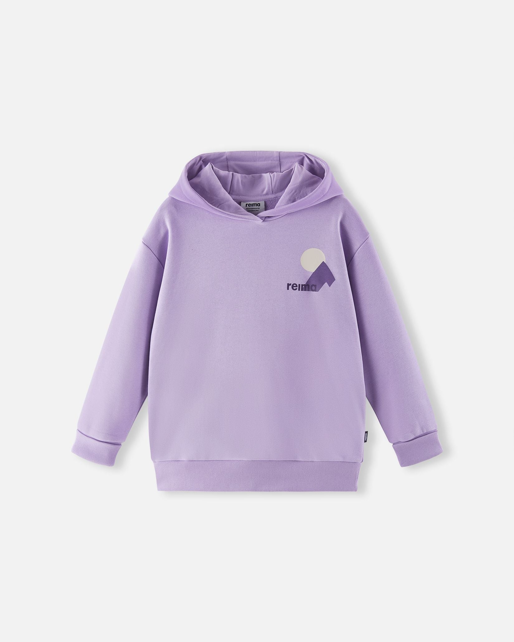 Light purple children's pullover hoodie with logo design, front view on white background