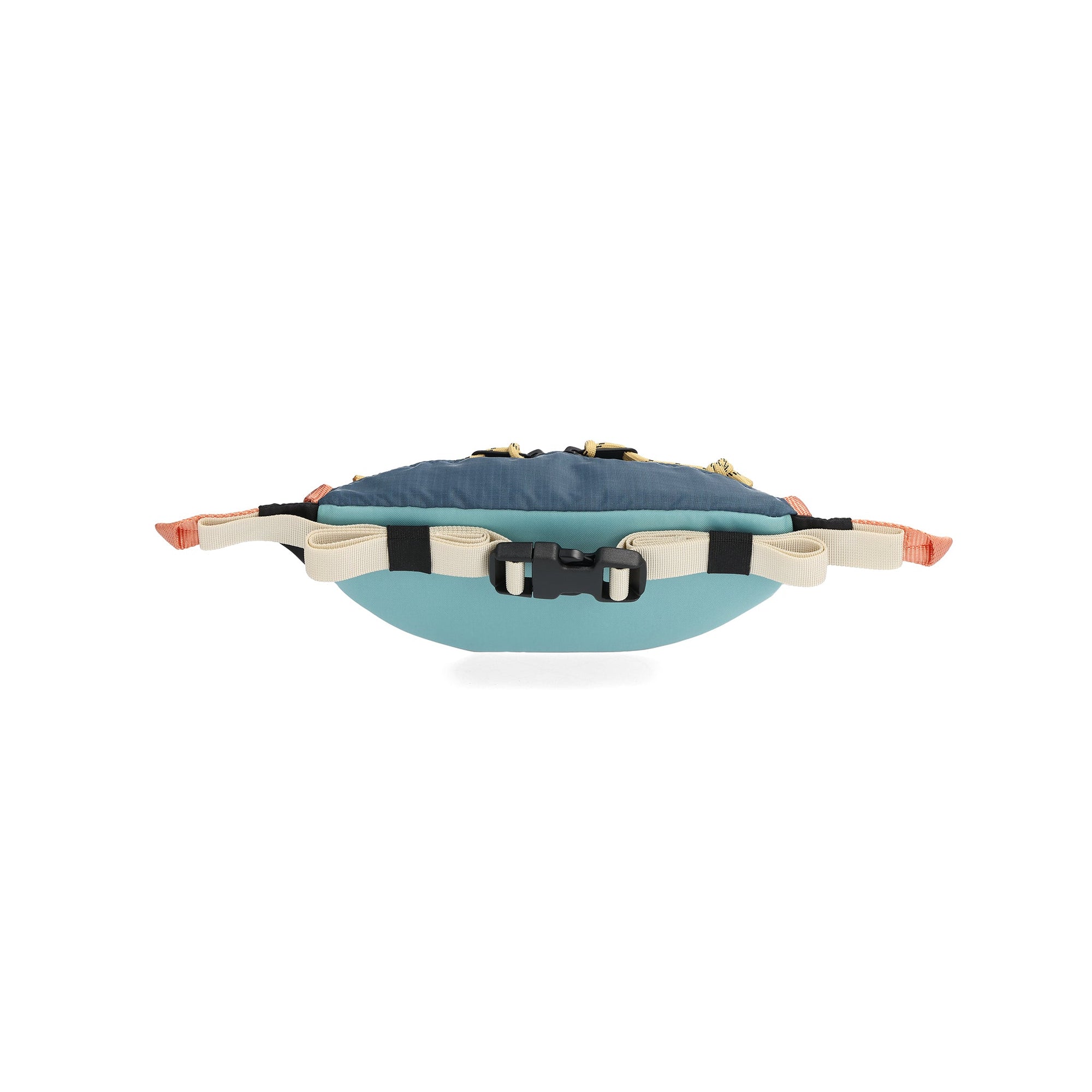 Waist pack with teal body and navy top panel, adjustable strap with black buckle, back view