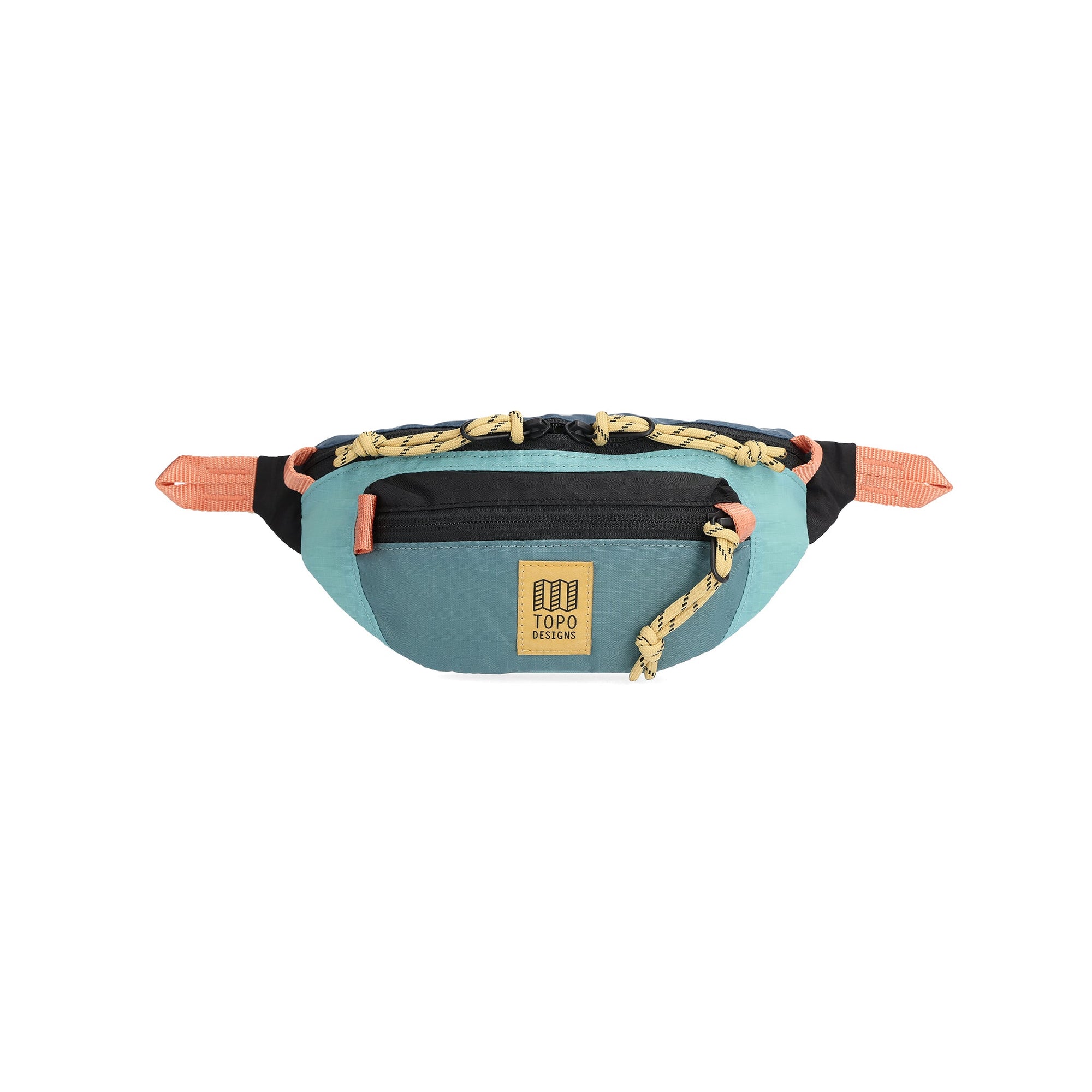 Light blue waist pack with front zip pocket and adjustable strap, front view