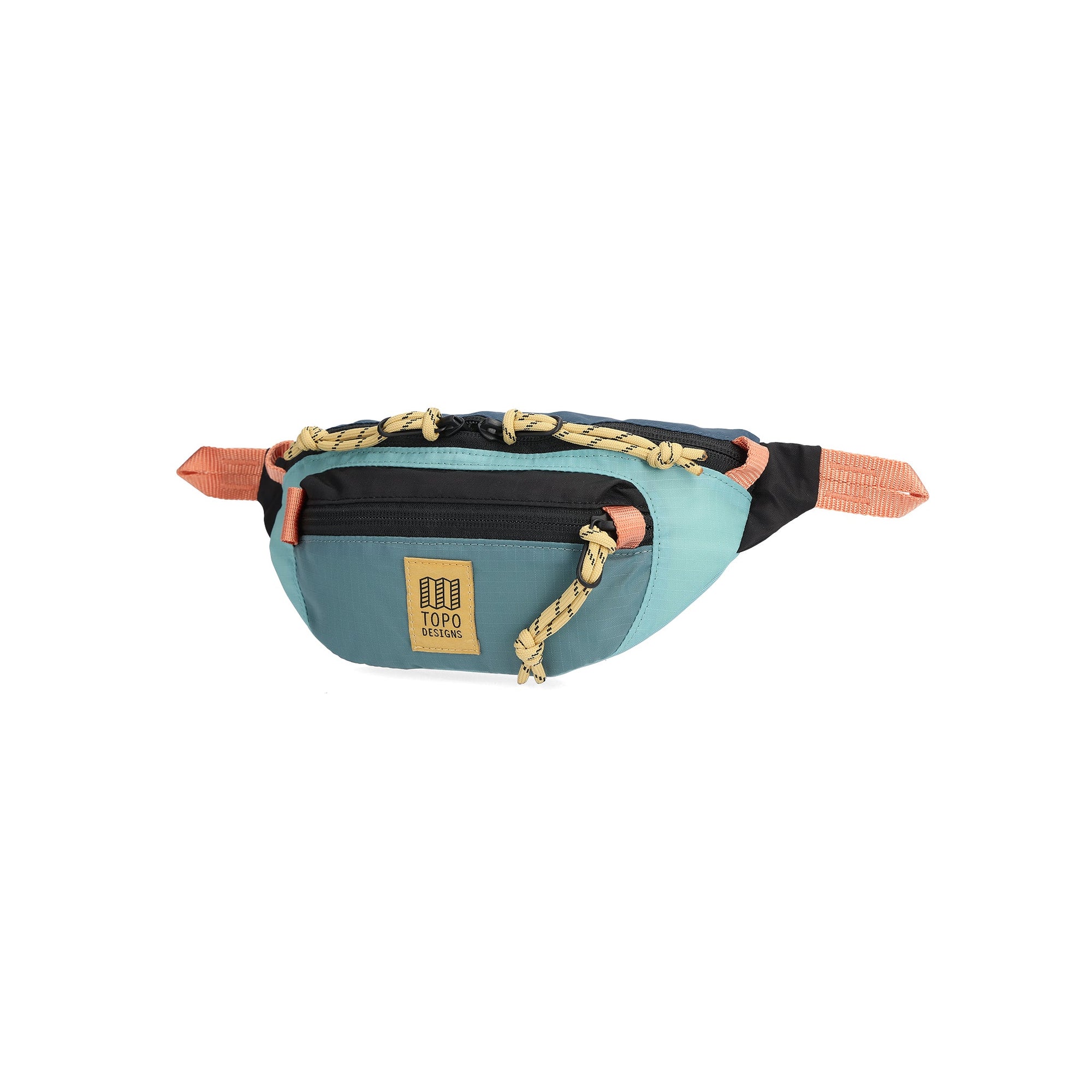 Teal waist pack with coral straps and navy accents, shown from quarter angle view