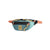 Teal waist pack with coral straps and navy accents, shown from quarter angle view