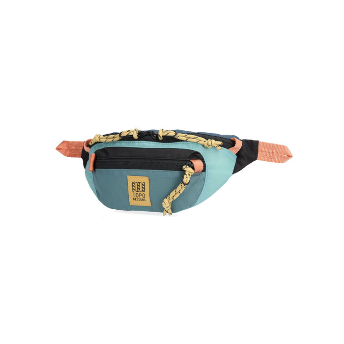 Teal waist pack with coral straps and navy accents, shown from quarter angle view
