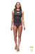 Women's sleeveless black tank top with keyhole cutout detail, front view on model