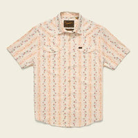 Men's short-sleeve snap-button shirt with floral ribbon stripe pattern, two chest pockets, flat lay view