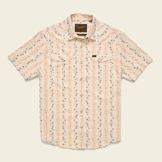 Men's short-sleeve snap-button shirt with floral ribbon stripe pattern, two chest pockets, flat lay view