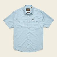 Men's short-sleeve snap-button shirt in light blue floral print, flat front view with dual chest pockets