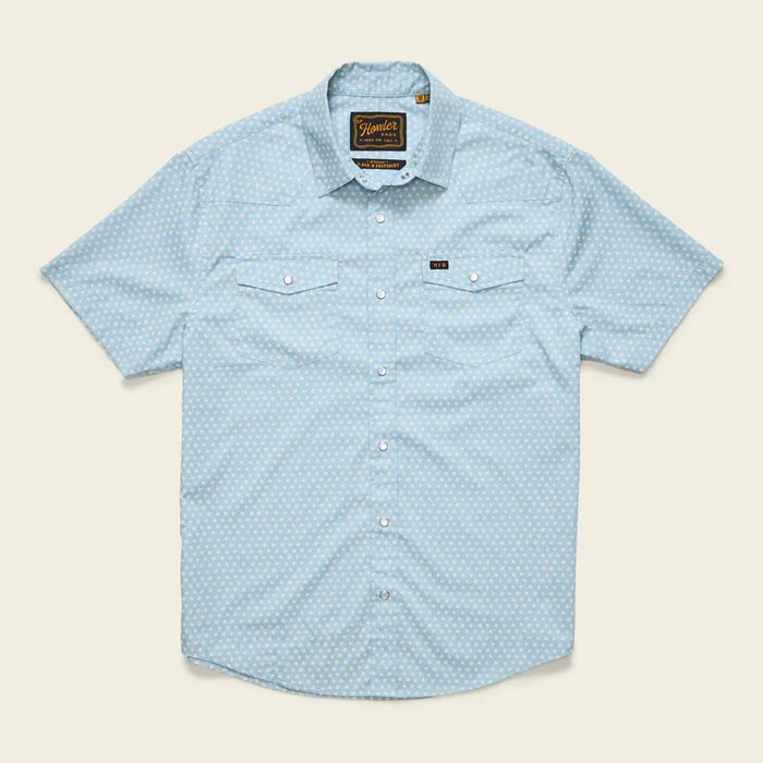 Men's short-sleeve snap-button shirt in light blue floral print, flat front view with dual chest pockets